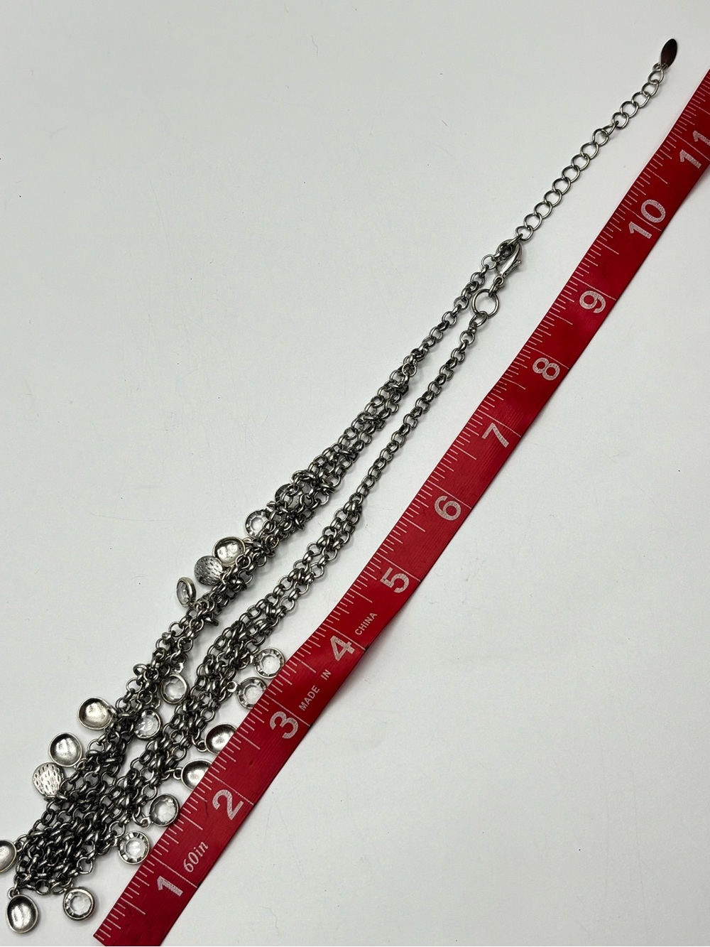 Silver Tone Multi Chain Charm Necklace Cha Cha Dangle Glass Textured Girlypunk - Picture 4 of 5